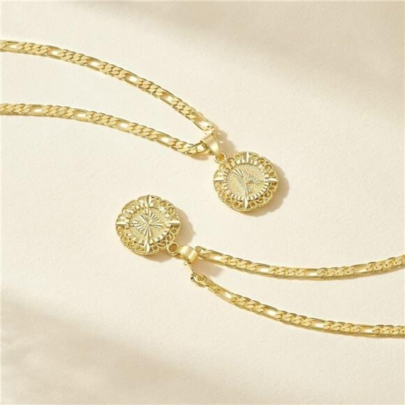 Gold Initial Pendant Necklace Figaro Chain A to Z Monogram Letter Jewelry - Picture 5 of 7